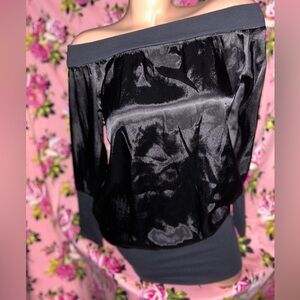 Vintage 80’s black satin silky off shoulder tunic dress top goth punk sexy 90’s